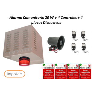 Alarma Comunitaria 20 W + 4 Controles + 4 placas Disuasivas