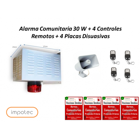 Alarma Comunitaria 30 W + 4 Controles Remotos + 4 Placas Disuasivas