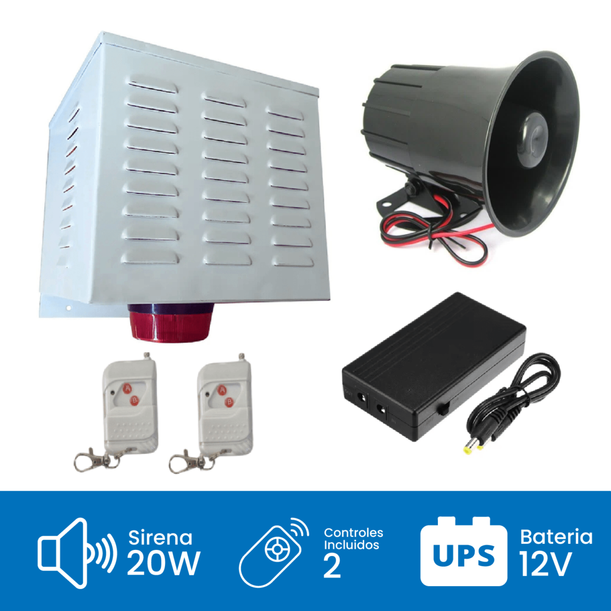 Alarma Comunitaria 20W 120DB con UPS y 2 Controles