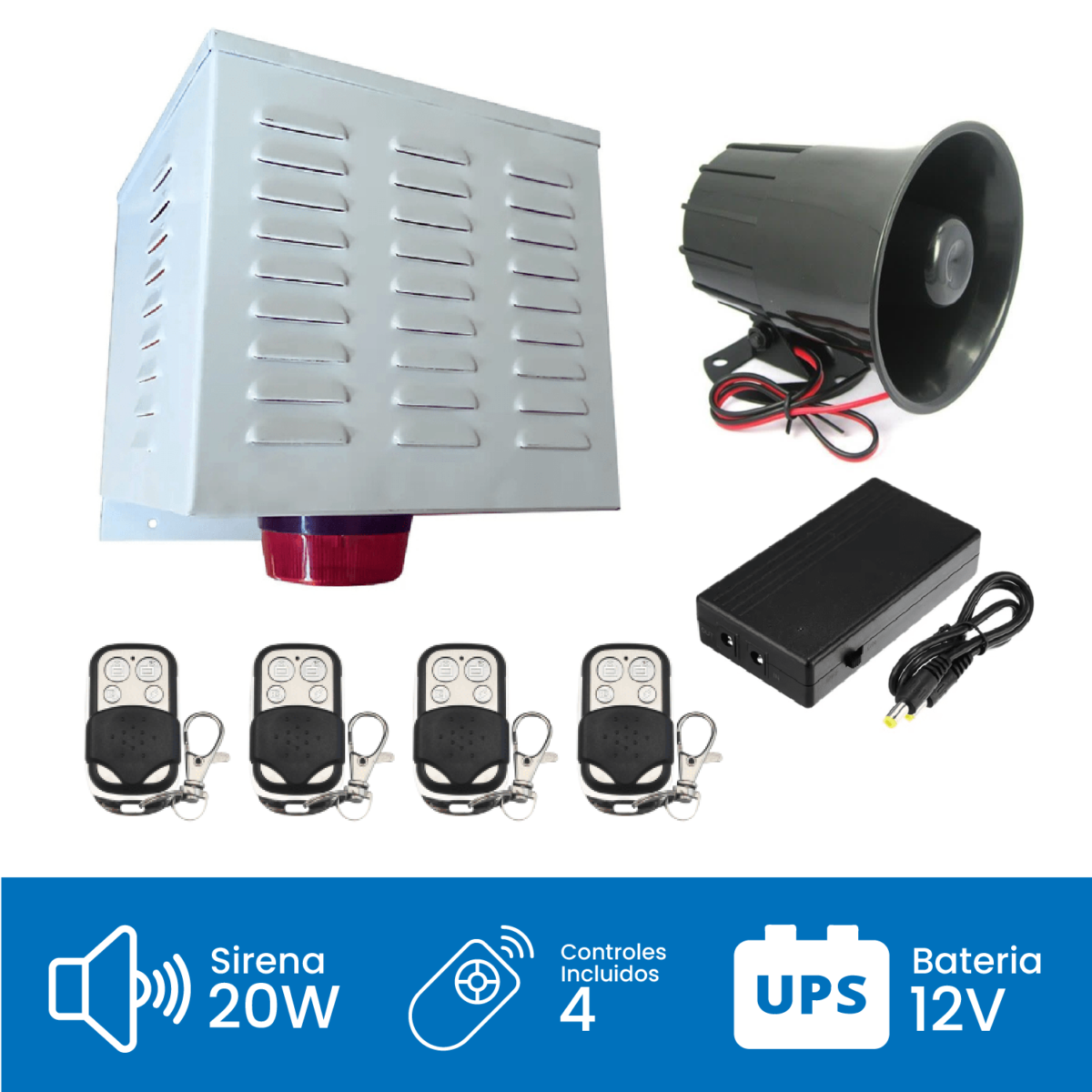 Alarma Comunitaria 20W con UPS y 4 Controles Metalicos