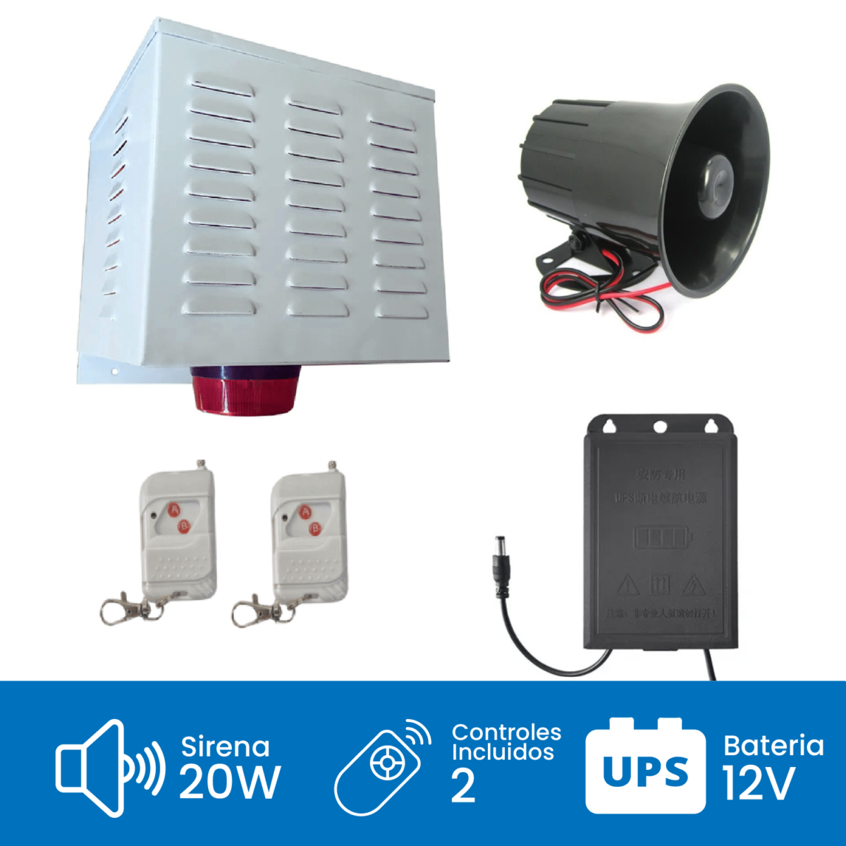 Alarma Comunitaria 20W 120DB con UPS y 2 Controles