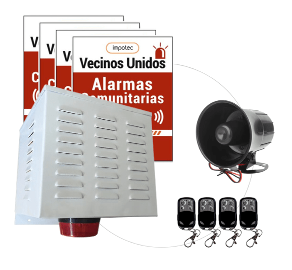 Alarma Comunitaria 20 W + 4 Controles + 4 placas Disuasivas
