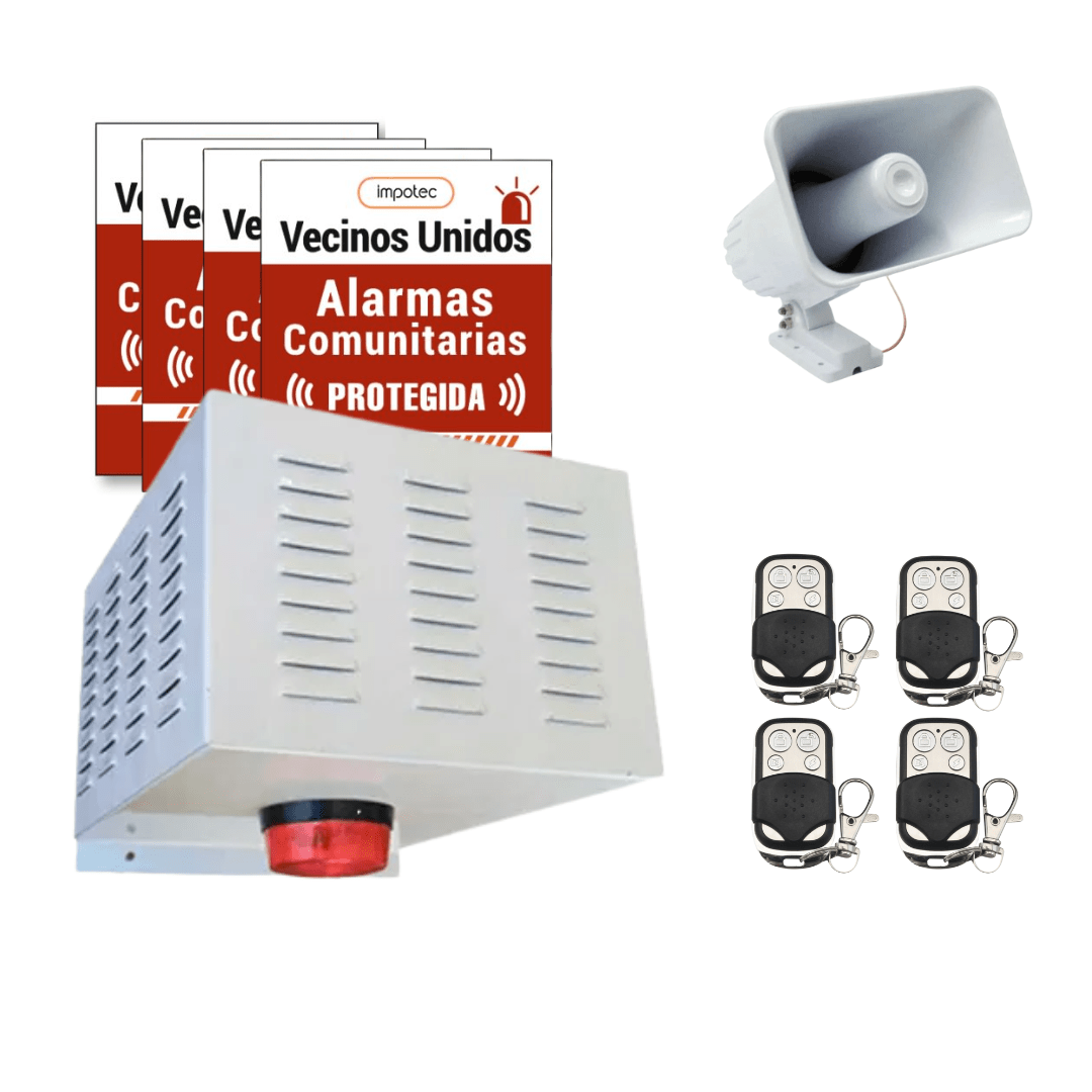 Alarma Comunitaria 30W + 4 Controles Remoto + 4 Placas Disuasivas