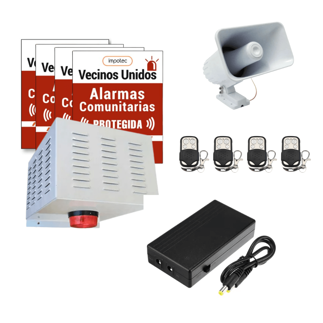 Alarma Comunitaria 30W + UPS Respaldo + 4 Controles Remoto + 4 Placas Disuasivas