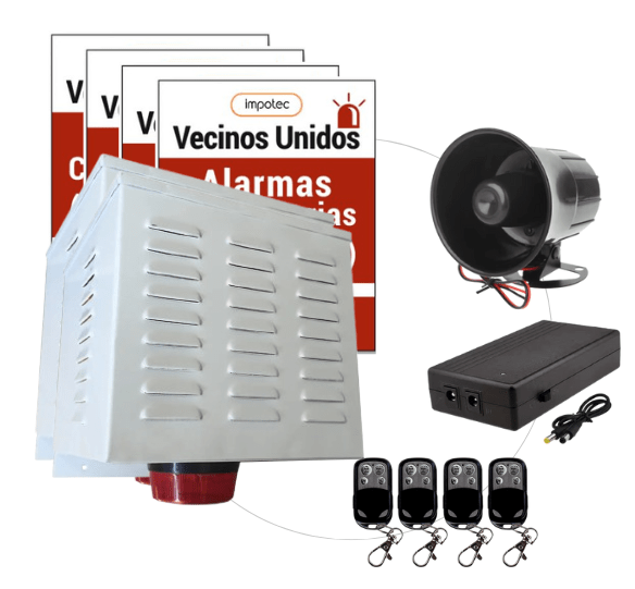 Alarma Comunitaria 20W + UPS Respaldo + 4 Controles + 4 Placas Disuasivas