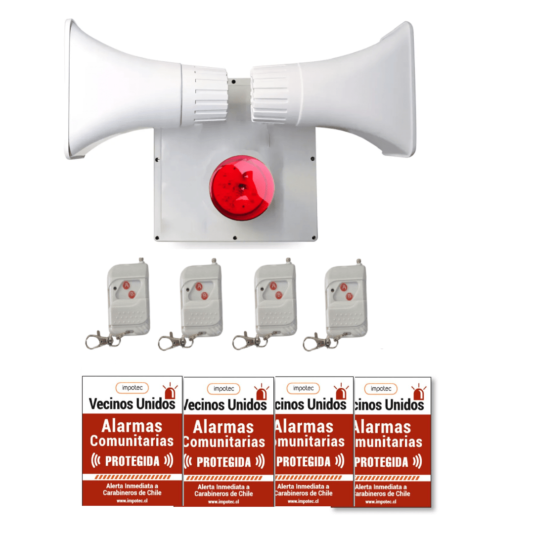Kit Alarma Comunitaria Doble Sirena 60w + 4 Controles + 4 Placas Disuasivas