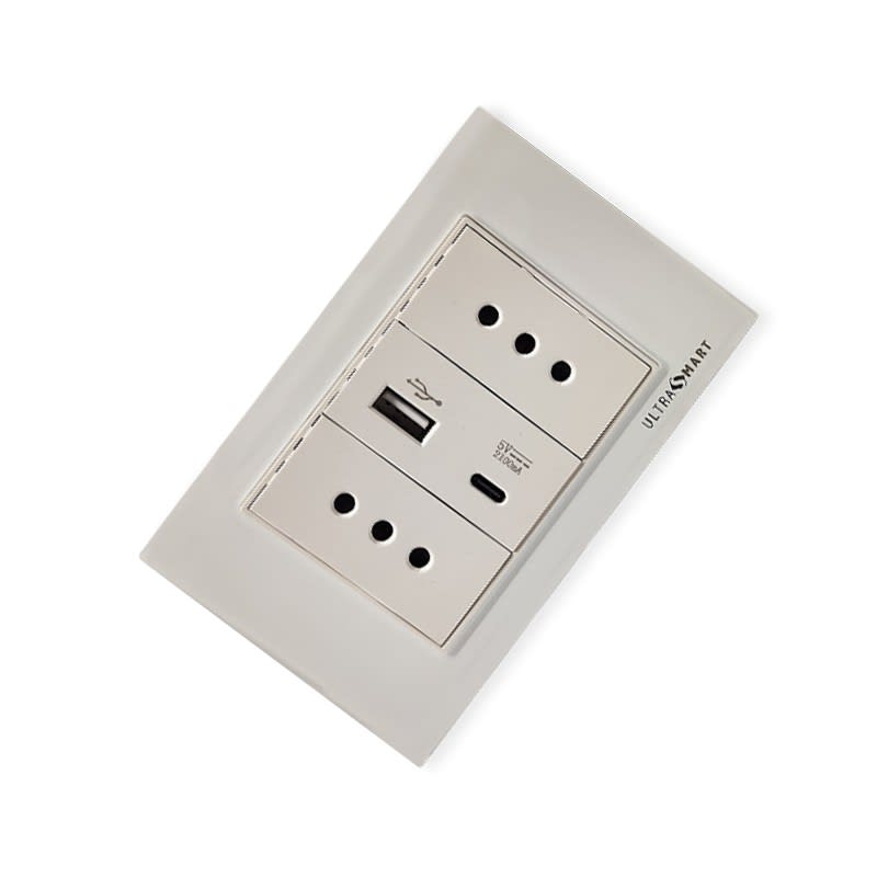 Cargador USB / Tipo C Muro + 2 Enchufes 10A 250V, Linea Crystal