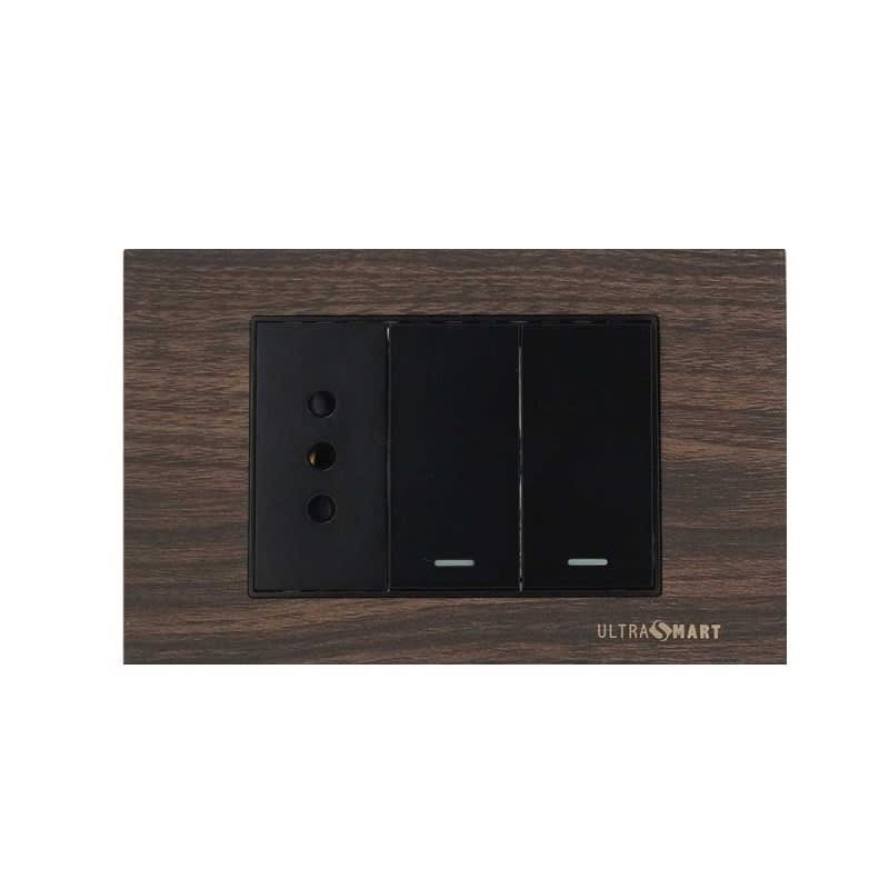 Conmutador Doble 9/24 + Tomacorriente Simple UltraSmart Wood