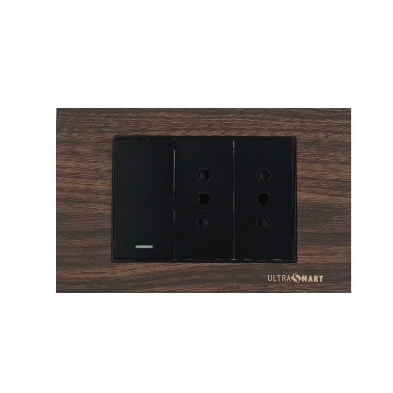 Conmutador Simple 9/24 + Tomacorriente Doble UltraSmart Wood