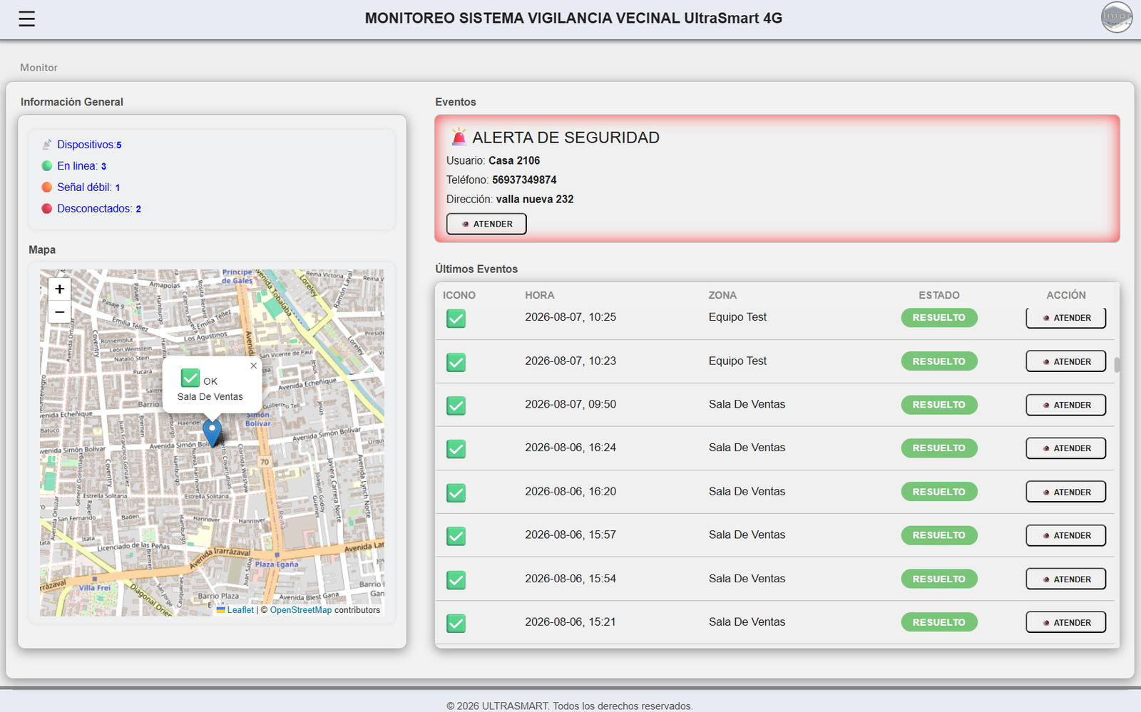 Pantalla del software GUARD con mapa y gestión de alertas